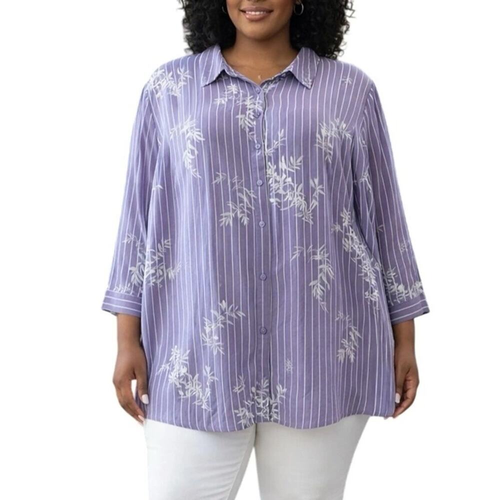 Catherines Top 2X 22 24 Purple Striped Floral Button Blouse Long Sleeve
